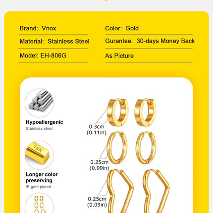 Vnox 6pcs/set Stainless Steel Stud Hoop Earrings Simple Classic 18K Gold Plated Earrings For Women Holiday Jewelry Set Wholesale