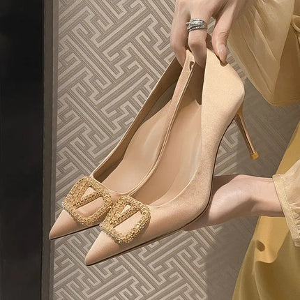 2025 New Women's Slim High-Heeled Pointed Toe Pumps with Rhinestone Buckle - Sexy Shallow-Cut Single Shoes