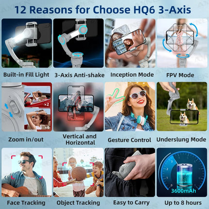 Handheld 3-Axis Gimbal Stabilizer for Smartphone, for iPhone Cellphone Record Video Vlog Phone Anti-Shake with Fill Light
