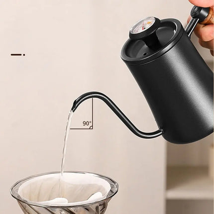 Stainless Steel Goose Neck Coffee Pot Drip Port Wooden Handle Long Narrow Drip Carafe Temperature Meter Anti-scald