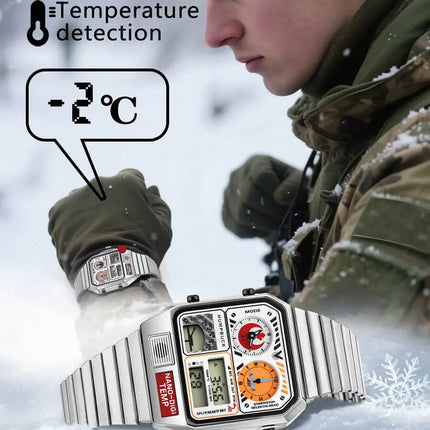 HUMPBUCK DIGITEMP Classic Design Stainless Steel Watches for men with LED Digital Display and Temperature Calendar