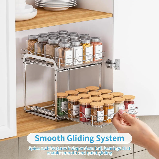 Adjustable 2 Tier Spice Rack Organizer for Cabinet Heavy Duty Pull out Vertical Shelf for inside Kitchen Cabinet Height