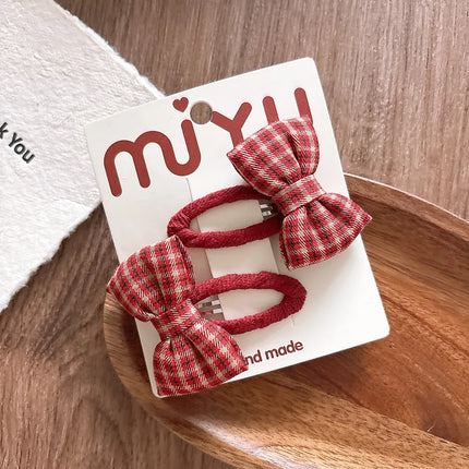 2pcs/set Red Color Korean Fashion Kids Girl Hair Clip Sweet Dot Plaid Bow Barrettes for Children Hedawear Hair Accessories