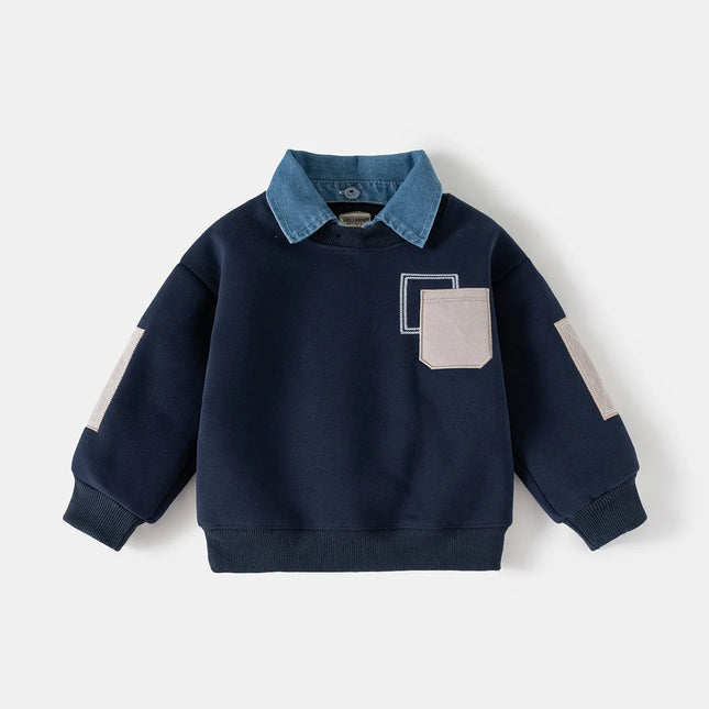 Fleece Padded False Denim Kids Tops Sweatshirt Patchwork Style Fashion Warm Kids Boys Pullover Casual Coat for Winter