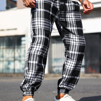 Men's Plaid Print Cuffed Casual Trousers Comfortable Sleepwear Pajamas Pants for Relaxed Style