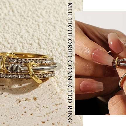 New Stainless Steel Cubic Zirconia Stackable Rings for Women 18k GoldPlating Multi-Link Connected Statement Ring Stack Jewelry