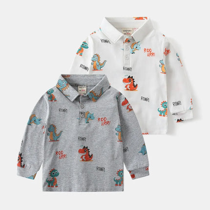 Spring Kids Boys Long Sleeve Polo Shirt 2-6Y Boys Cotton Dinosaur Print Turn-down Collar Undershirt Soft Breathable Toddler Tops