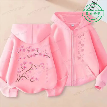 Sakura Cherry Print Female Zip Up Hoody Harajuku Hoodies Cherry Blossome Fashion Casual Street Hooded Autumn Fleece Streetwear