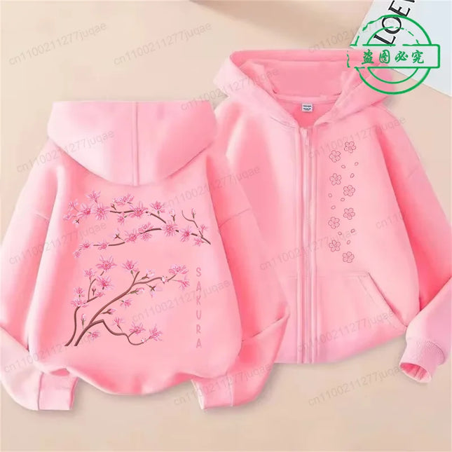 Sakura Cherry Print Female Zip Up Hoody Harajuku Hoodies Cherry Blossome Fashion Casual Street Hooded Autumn Fleece Streetwear