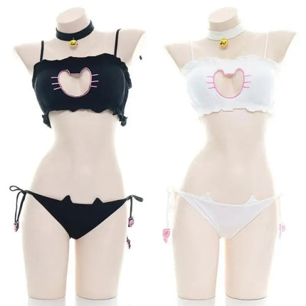 Anime Girl Cute Cat Paw Bikini Swimsuit Costume Summer Beach Girl Mini Lovely Cats Bell Swimwear Uniform Cosplay Black White Nig