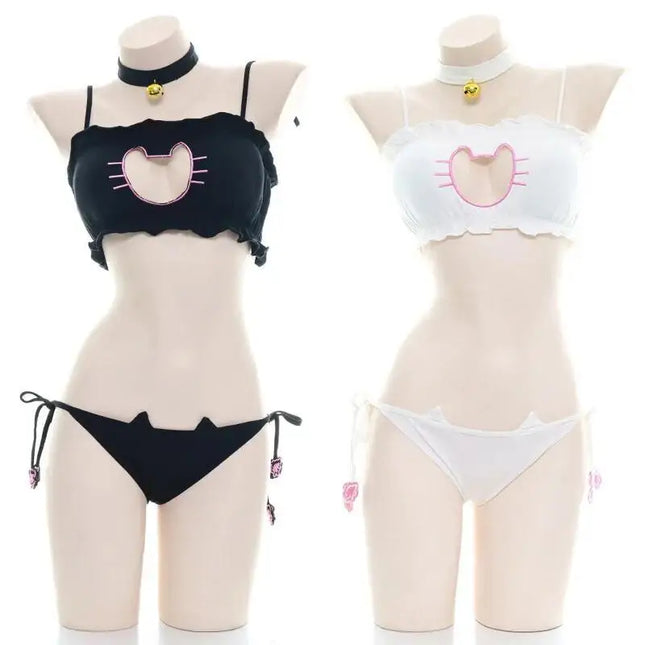 Anime Girl Cute Cat Paw Bikini Swimsuit Costume Summer Beach Girl Mini Lovely Cats Bell Swimwear Uniform Cosplay Black White Nig