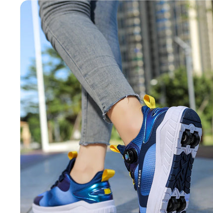 Kids Two Wheels Roller Skating Shoes with Light Magic Stick Walking Shoes, Detachable Wheels Roller Skate Shoes for Teenagers