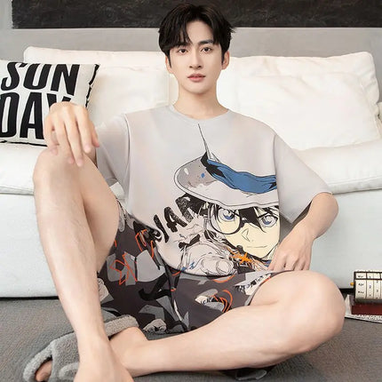 One Piece Anime Cartoon Personality Boy Short Sleeve Shorts Pajamas Creative Handsome Cotton Loungewear Set Can Be Worn Out