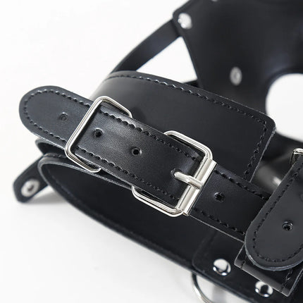 BDSM PU Leather Head Harness Hood Mask with Silicone Dildo Mouth Gag Slave Bondage Role Play Adult Sex Toy Fetish Gear Tools