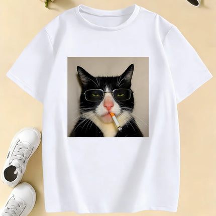 Fashion Retro Vintage Smoking Cat Design Print T-Shirts Kids Children's T-Shirt Casual Boys Girls Summer Spring Casual Top Tee