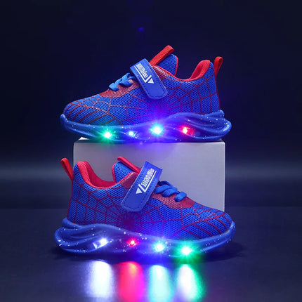 Spring Autumn Boys Spiderman Mesh Breathable Sport Shoes Disney LED Children's Sneakers Kids Casual Shoes Light Shoes for 0-6Y