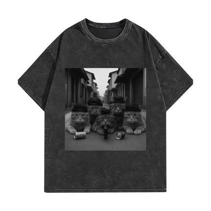 Funny Cat Gang Meme Graphic T Shirts Men's Women's Fashion Vintage Washed T-shirt Summer High Quality Cotton T-shirts