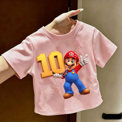 2026 New Super Mario Bros Children's Pure T-shirts Anime Birthday Numbers 1-9, Cute Anime Children's Casual T-shirts