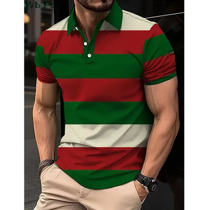 Striped Printed Men's Shirt, Men's Polo Street Men's Clothing, Loose Men's Polo Shirt