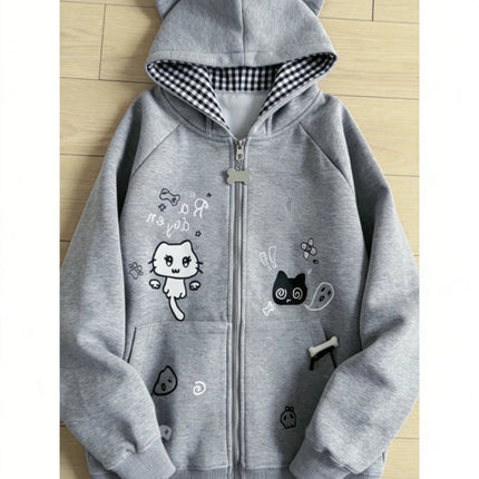 Japanese Harajuku Kawaii Long Sleeve Hoodie Women Cat Ears Sweet Sweatshirt Lace Striped Zipper Casual Cartoon 2025 Autumn