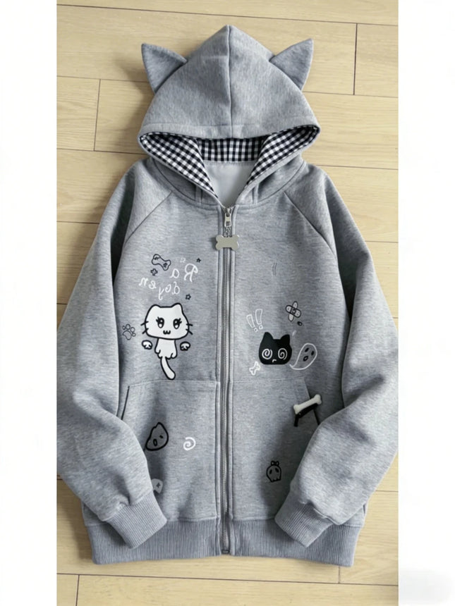 Japanese Harajuku Kawaii Long Sleeve Hoodie Women Cat Ears Sweet Sweatshirt Lace Striped Zipper Casual Cartoon 2025 Autumn