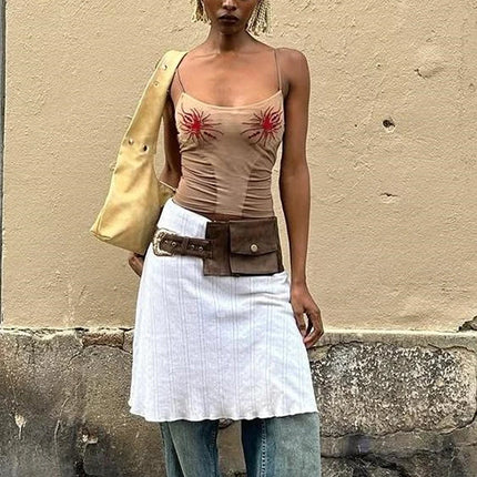 Weird Puss Sun Print Sexy Women Camisole Y2K Summer Fashion Low-Neck Coquette Midnight Party Club Wild Basic Street Slim Tees