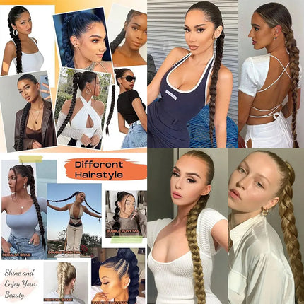 0'' Braids Ponytail Extensions Long DIY ith Elastic Tie Straight Wrap Around Braid Hair Extensions Synthetic Hairpiece for Women