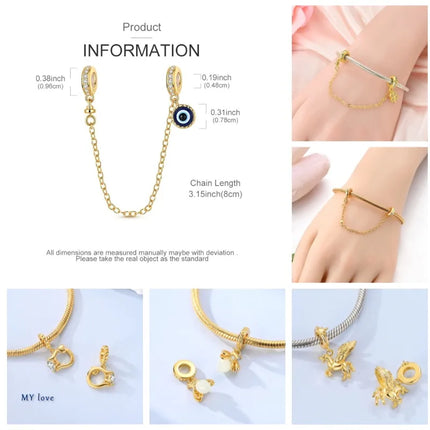 Gold Color Charms 925 Sterling Silver Original Golden Safety Chain Round Spacer Clip Charm DIY Jewelry For Women Bracelet Gift