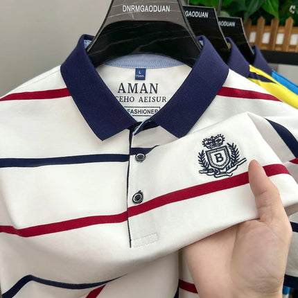 Fashion striped short sleeve men polo shirt summer trend brand letter embroidery design business casual breathable Paul T-shirt