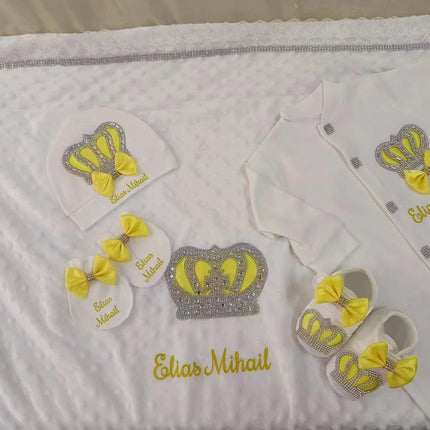 5pcs Handmade DIY Vinyl Name Personalized Baby Girl Newborn Jewels Crown Pink Take Me Home Layette 5 Piece Deluxe Gift Set