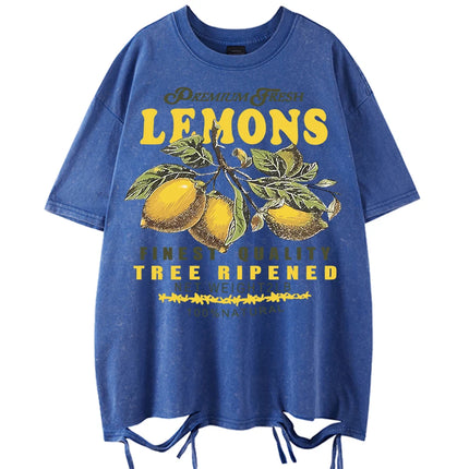 Premium Fresh Lemons Fruit Print Women Washed T-Shirts Y2K Comfortable Short Sleeve Loose All-Match T-Shirt Cotton Hip Hop Top