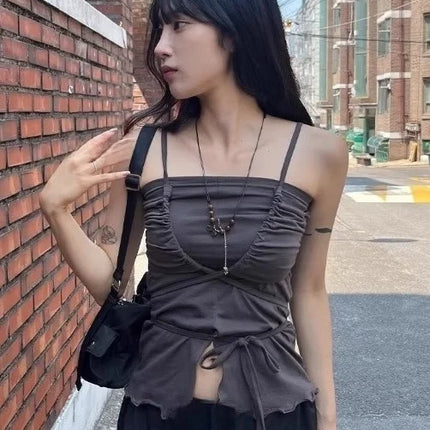 Korean Sle Unique Belted Design Slimming Versatile Split Front Strapl Top Women's Summer Faion Commute Straight Cut Vest