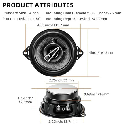 A Pair 4 Inch Full Coaxial Speaker 100W Max HD Audio 2 Way Coaxial Speaker Enhanced Car Stereo Sound High Output Distortion-Free