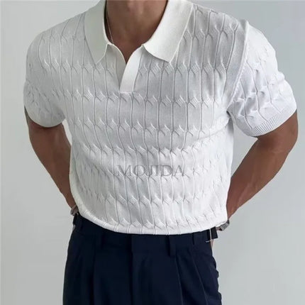 Men's Knit Polo Shirt Summer Short Sleeve V-Neck Slim Fit Business Casual Top Youth Elastic Korean Street T-Shirt