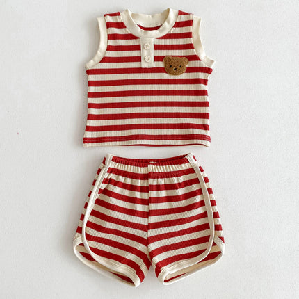 2024 New Summer Baby Stripe Clothes Set Girls Waffle Bear Sleeveless Top+Pants Toddler Infant Outwear 2PCS