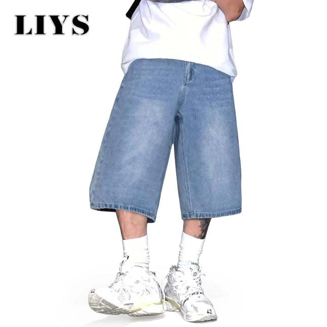 LIYS Men's Simple Light Blue Retro Ultra Baggy Wide-Leg Denim Shorts Student Youth Street Casual Oversized Baggy Jeans Unisex