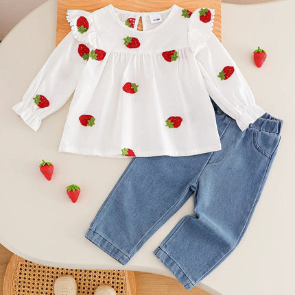 Girls Spring Autumn Strawberry Embroidery Ruffle Long Sleeve + Denim Long Pants Two-Piece Set Baby Outfit