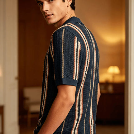 Men's Vintage Striped Knit Polo Shirt, Casual Summer Short Sleeve Top for Daily Wear & Weekend Outings