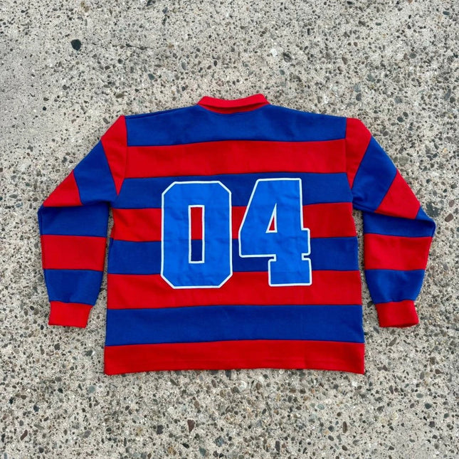 Y2K Haitian Long-Sleeved Shirts Fashionable Red and Blue Striped Knitted Lapel Jersey Oversized Retro Men Women Streetwear Tops