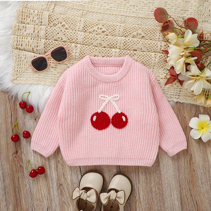 Baby Sweaters Knit Cute Cherry Pattern Newborn Infant Girls Crew Neck Long Sleeve Pullovers Knitwear 1-3Y Toddler Jumper Clothes