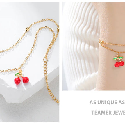 Teamer Enamel Cherry Charm Bracelet For Woman Gold Color Stainless Steel Double Bead Chain Fashion Birthday Friend Jewelry Gift