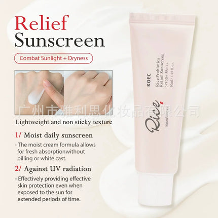 50ml KOEC Rice Probiotics Relief Sunscreen SPF50+ PA+++ Soothing Moisturizing Lightweight Non-Sticky Texture Natural Essence