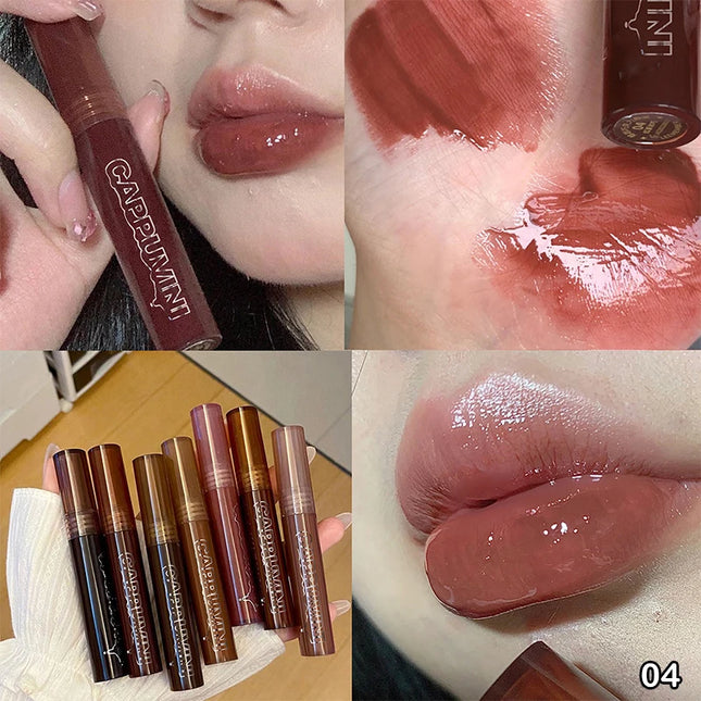 Cappuvini Punk Dark Brown Mirror Water Lip Gloss Waterproof Long-Lasting Liquid Lipstick Tint Red Glaze Transparent Glass