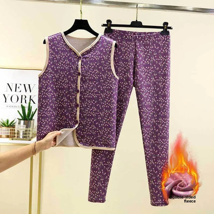 Warm Fleece Lined Velvet Home Clothes Set with Buttoned Knitwear Self Heating Anti Cold Two Piece Set for Women Autumn Winter