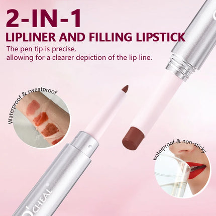 O'CHEAL Double-Headed Matte Lipstick Lip Liner 2 IN 1 24 Hours Long Lasting Sexy Red Lip Lipstick Lipliner Pencil Makeup