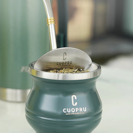 Yerba Mate Gourd Set Includes Double Walled Stainless Steel Tea Cup One Bombilla Mate (Straw), Cleaning Bruch, Tea Separator