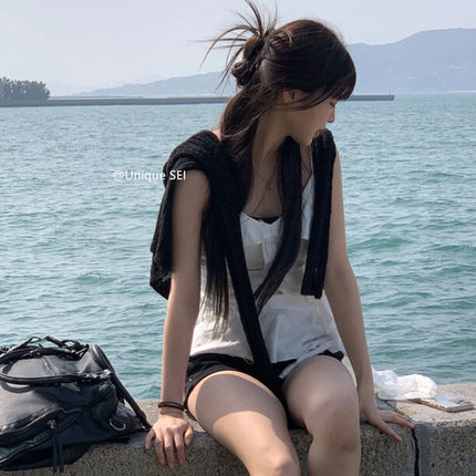 Unique SEI Korean Style Summer Irregular Lace Trim Splice Slimming Strap Top Rivet Denim Shorts Women's Commute Straight Leg Fit