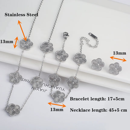 3Pcs/Set Stainless Steel Reversible Metal Laser Bracelet Necklace Earrings Jewelry Set Classic for Women's Accessories Clover