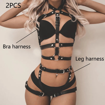 Women Sexy Leather Lingerie Body Harness Belt Suspenders Leg Harness Goth Clothing Rave Outfit BDSM Garter Belt Lingerie Bondage