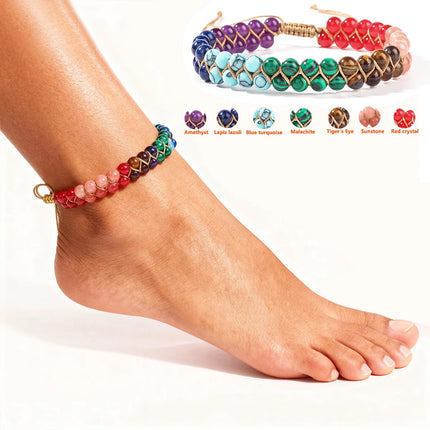 7 Chakras Natural Stone Anklet For Women Symbolize Happiness And Good Luck Crystal Braided Rope Ankle Bracelet Summer Jewelry
